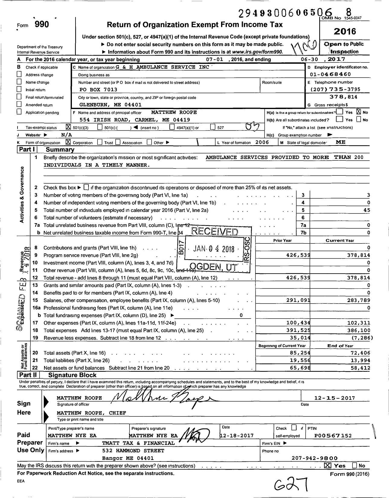 Image of first page of 2016 Form 990 for G and H Ambulance Service