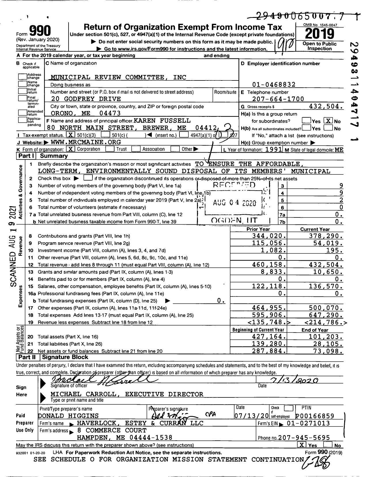 Image of first page of 2019 Form 990 for Municipal Review Committee (MRC)