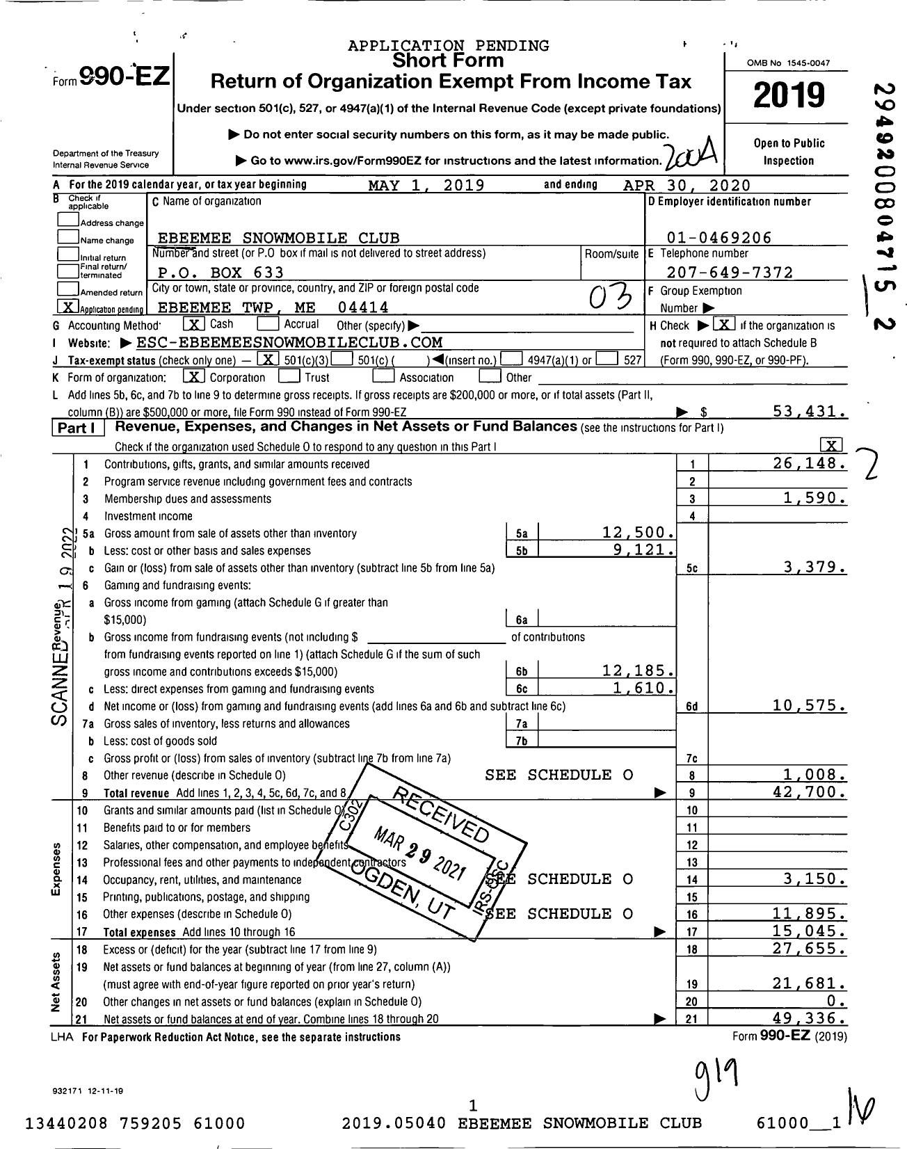 Image of first page of 2019 Form 990EZ for Ebeemee Snowmobile Club