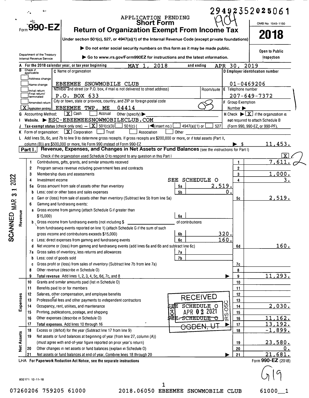 Image of first page of 2018 Form 990EZ for Ebeemee Snowmobile Club