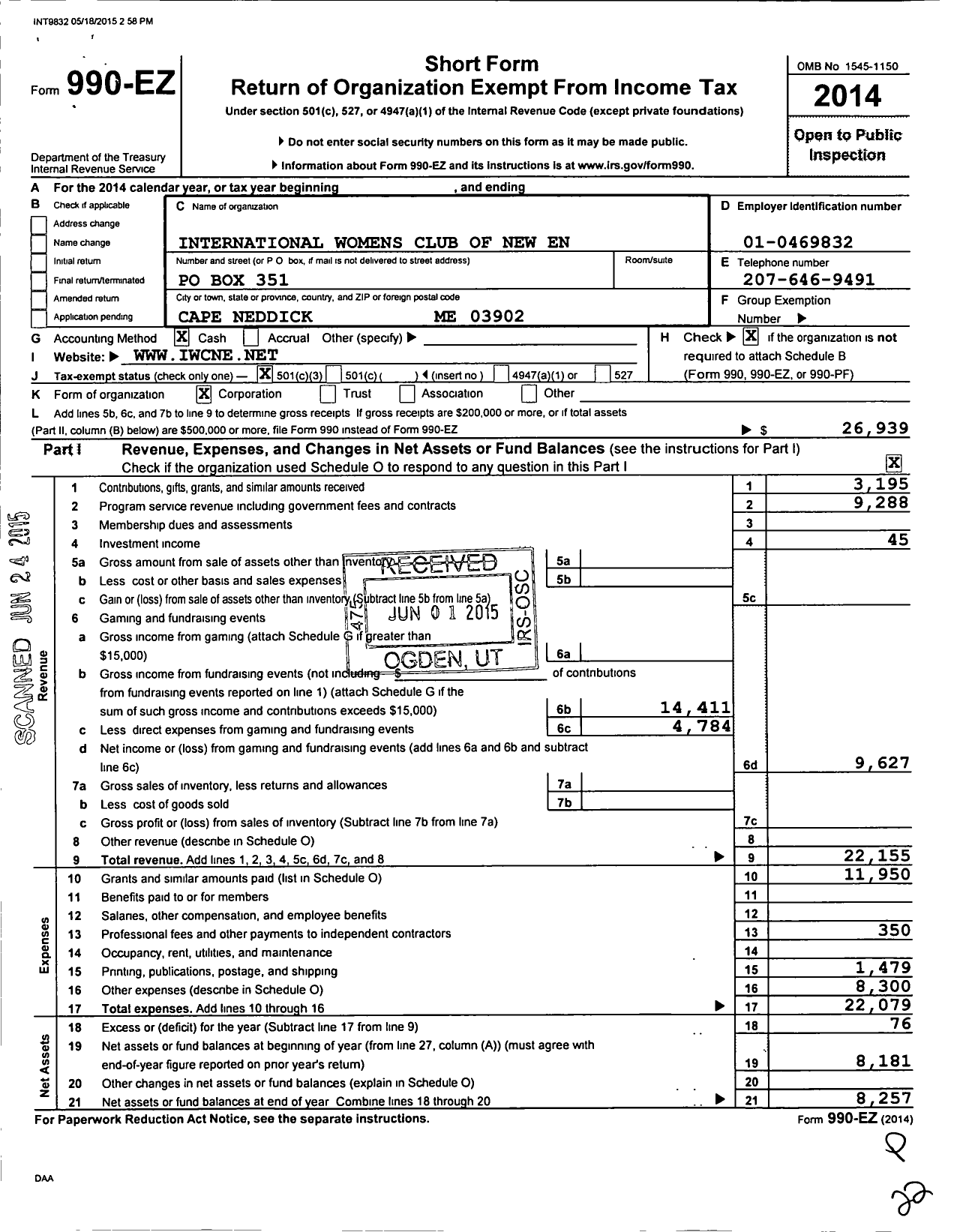 Image of first page of 2014 Form 990EZ for International Womens Club of New England