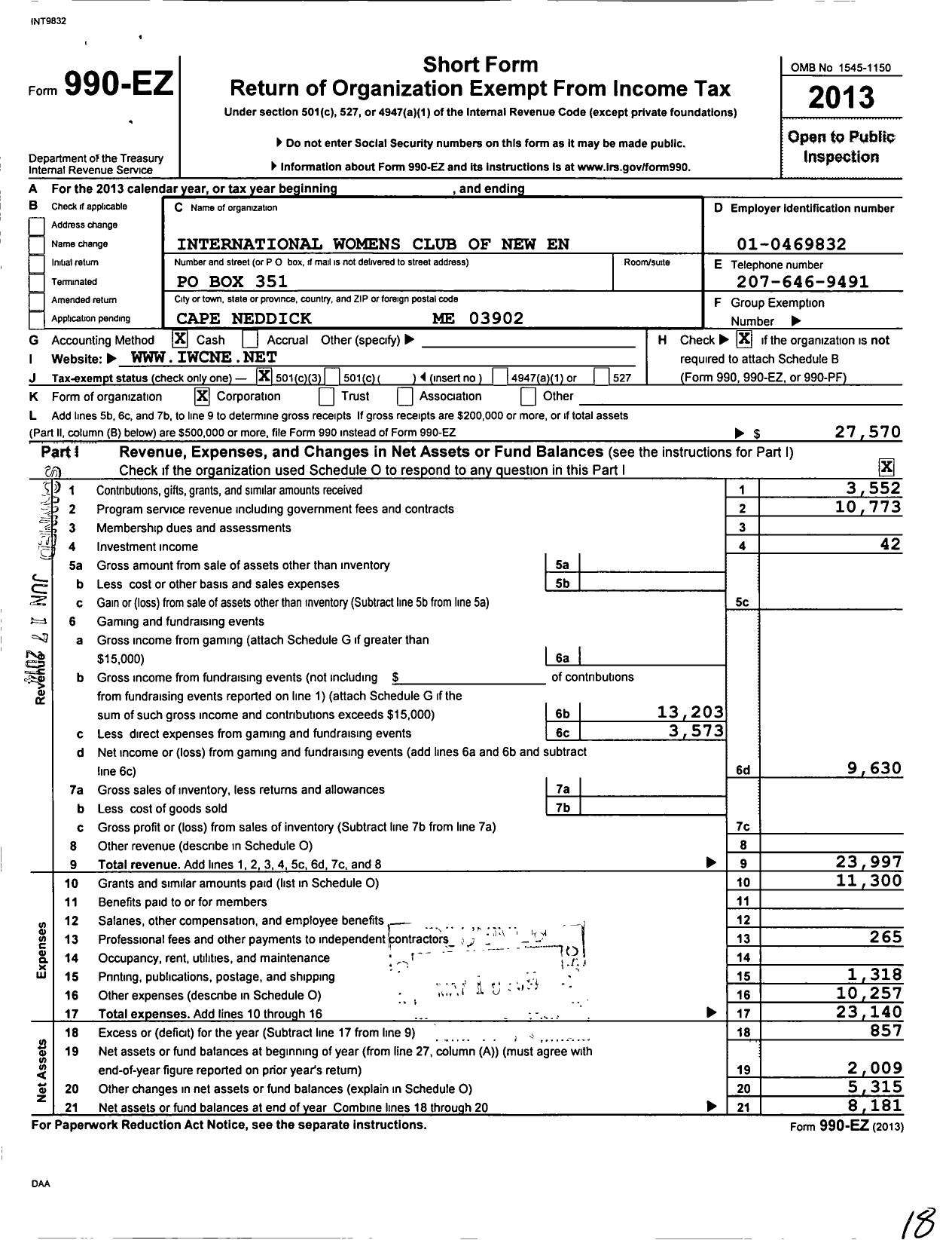 Image of first page of 2013 Form 990EZ for International Womens Club of New England