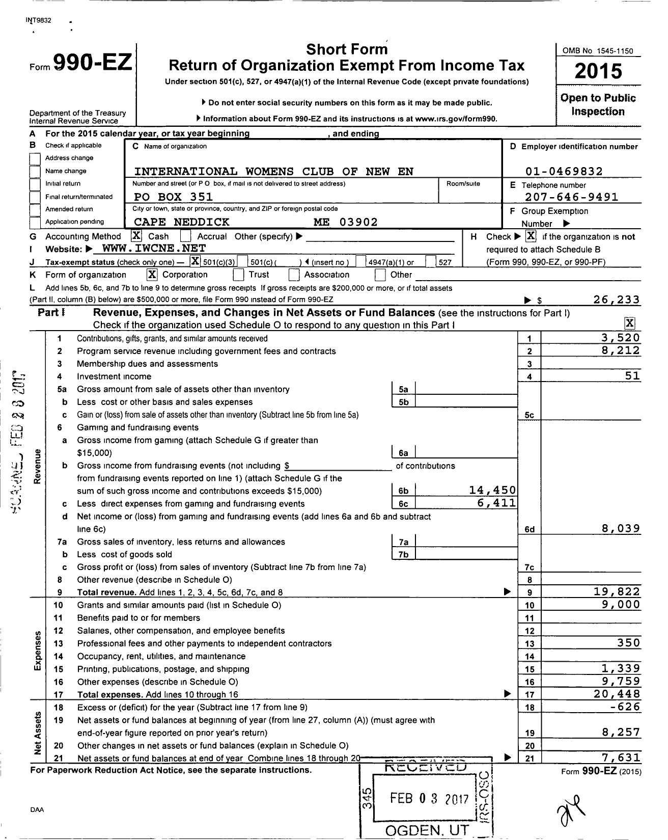 Image of first page of 2015 Form 990EZ for International Womens Club of New England