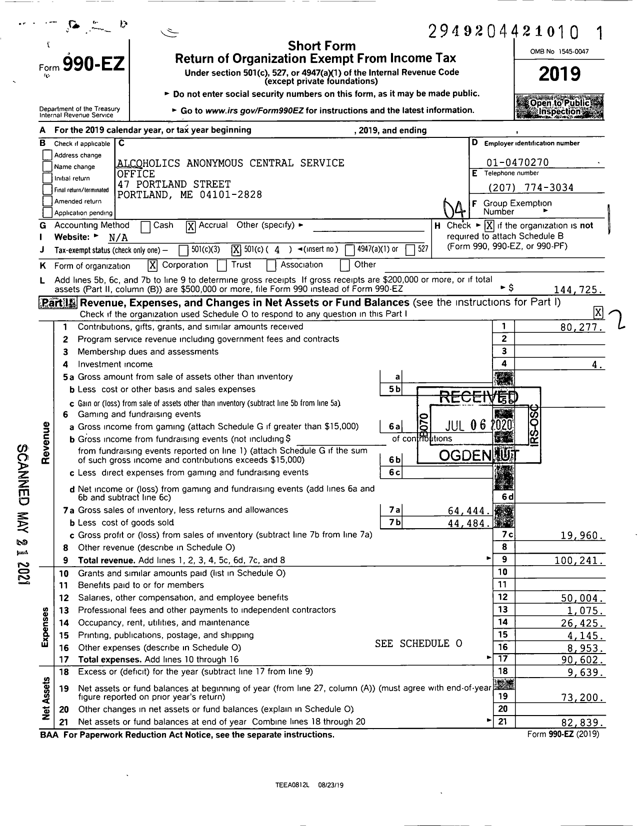 Image of first page of 2019 Form 990EO for Alcoholics Anonymous Central Service Office