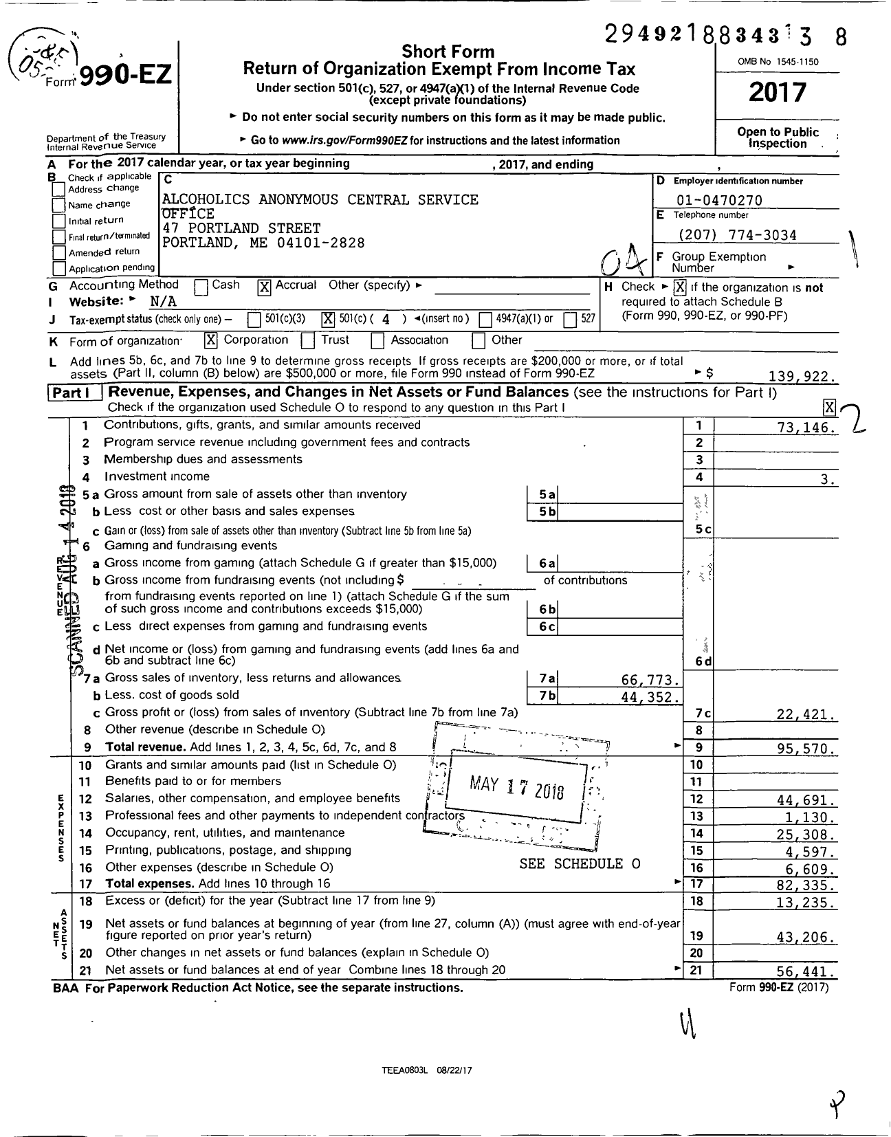 Image of first page of 2017 Form 990EO for Alcoholics Anonymous Central Service Office