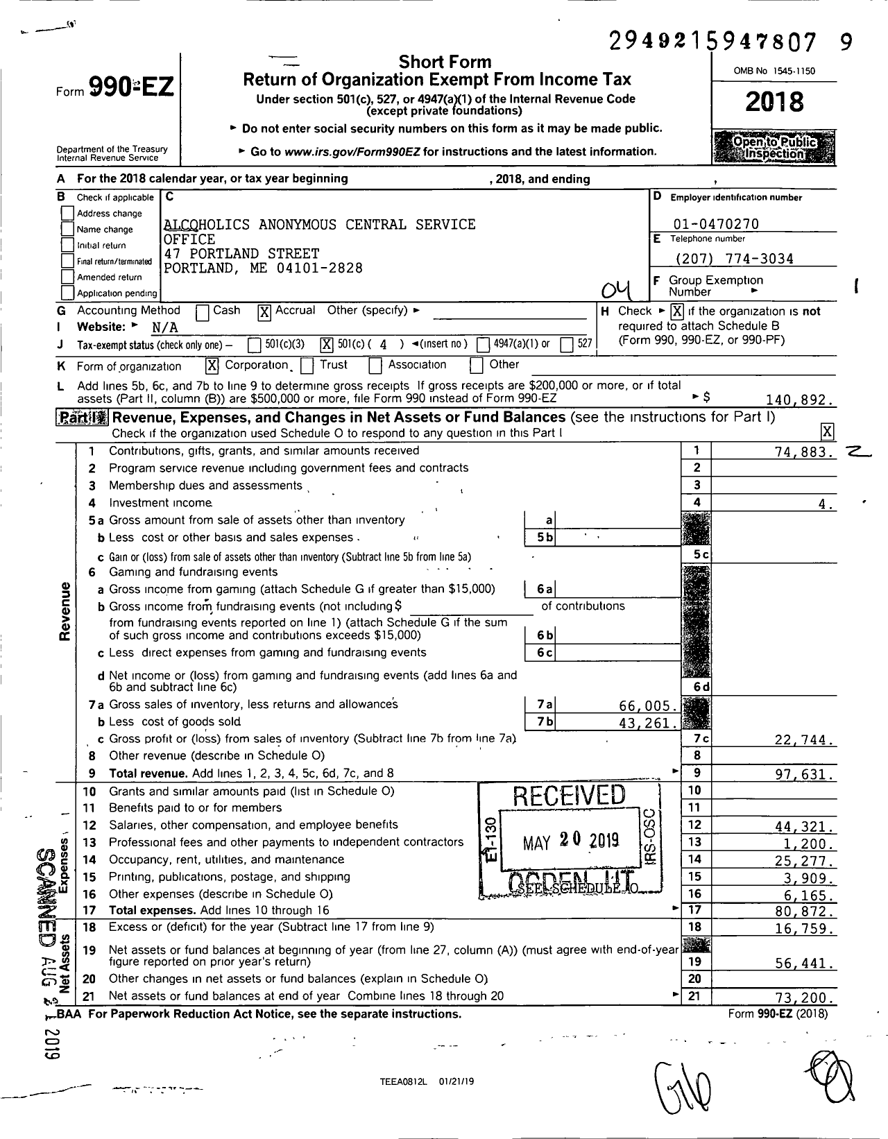 Image of first page of 2018 Form 990EO for Alcoholics Anonymous Central Service Office