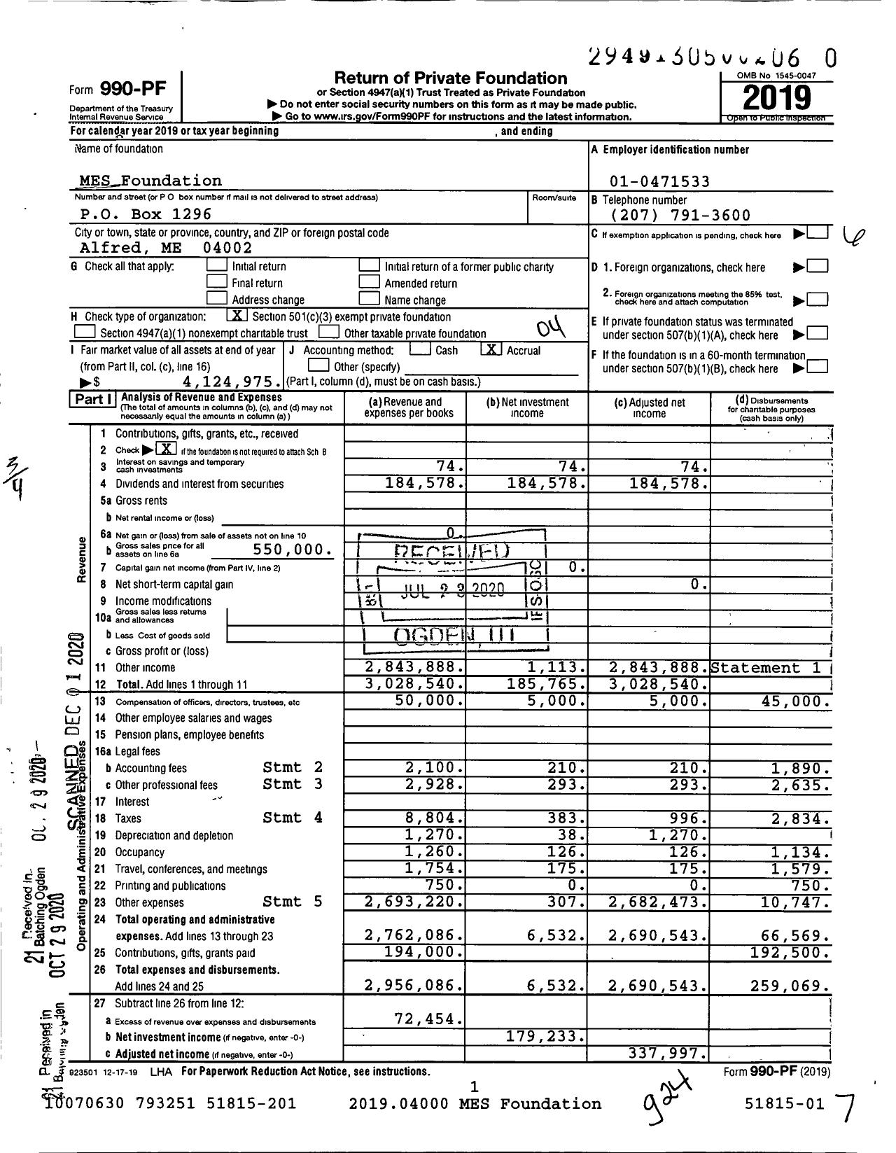 Image of first page of 2019 Form 990PF for MES Foundation