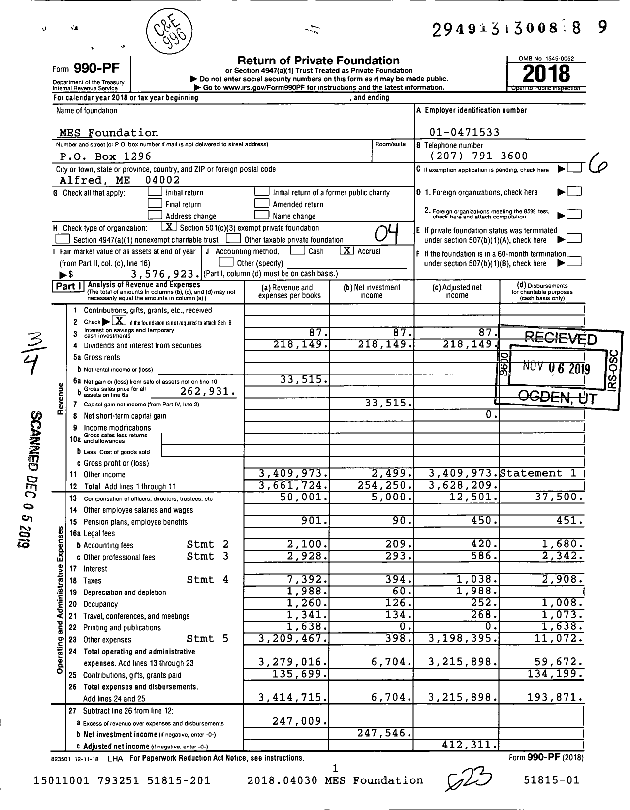 Image of first page of 2018 Form 990PF for MES Foundation