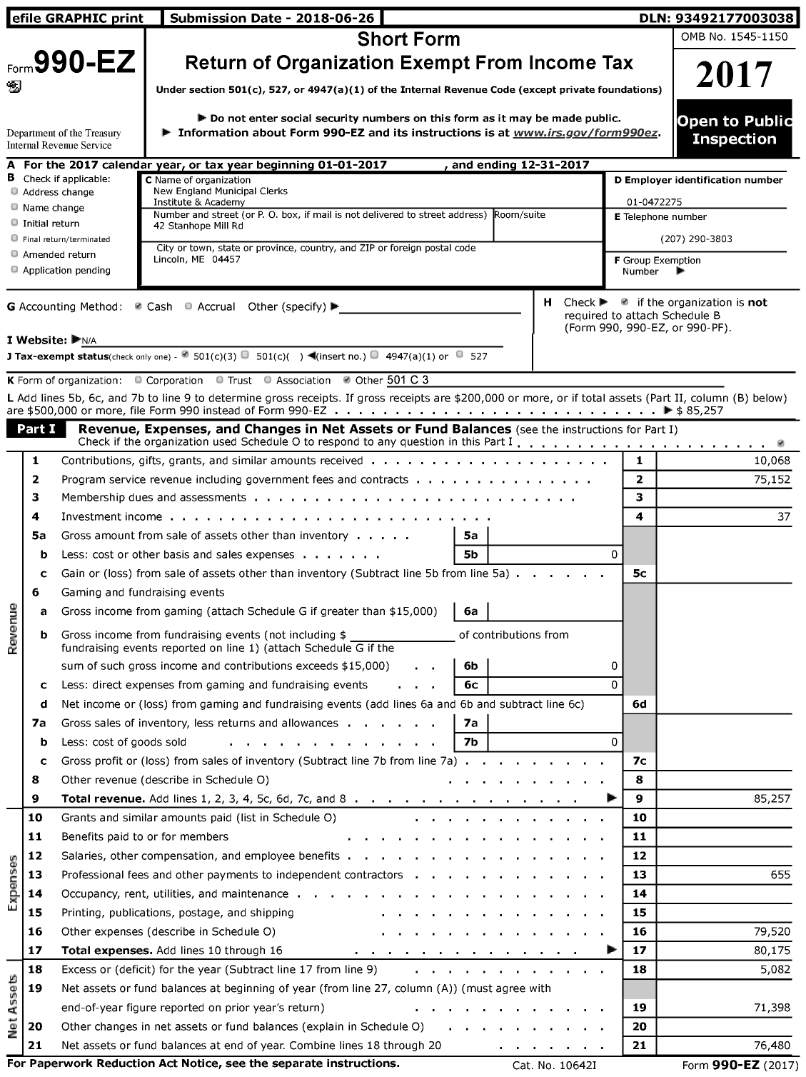 Image of first page of 2017 Form 990EZ for New England Municipal Clerks Institute and Academy