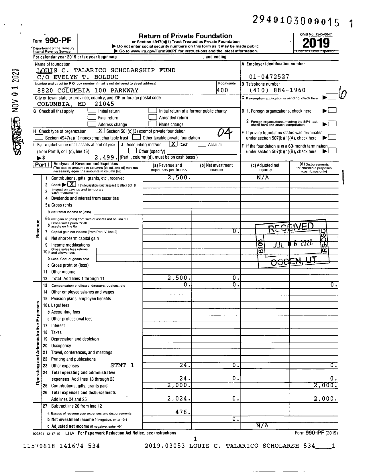 Image of first page of 2019 Form 990PF for Louis C Talarico Scholarship Fund