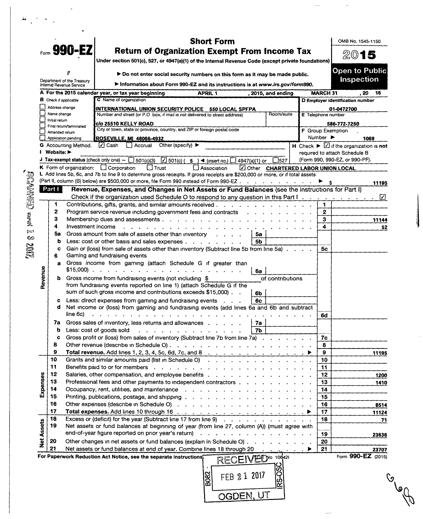 Image of first page of 2015 Form 990EO for International Union Security Police Fire Professionals of America - 550 Local Spfpa
