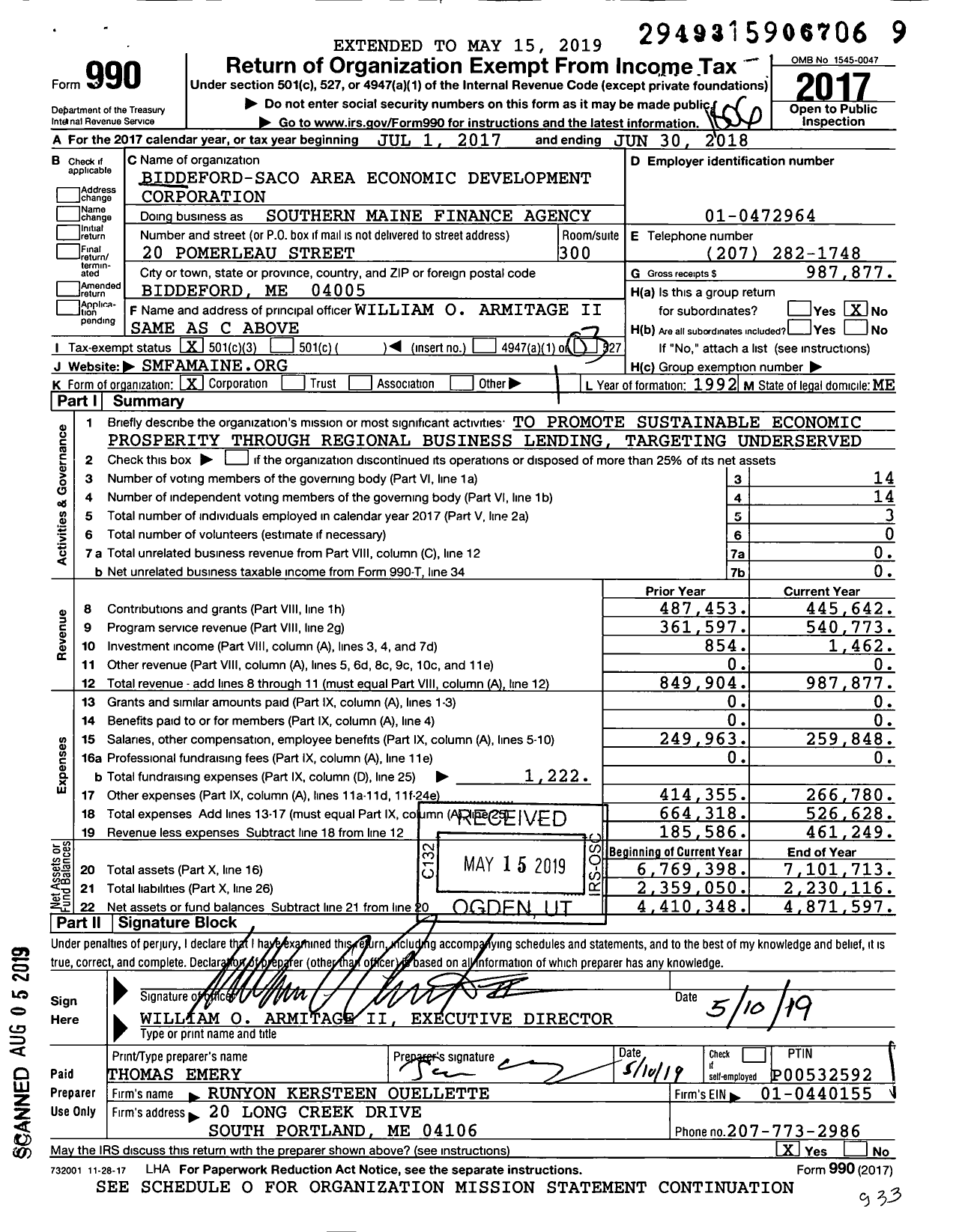 Image of first page of 2017 Form 990 for Southern Maine Finance Agency