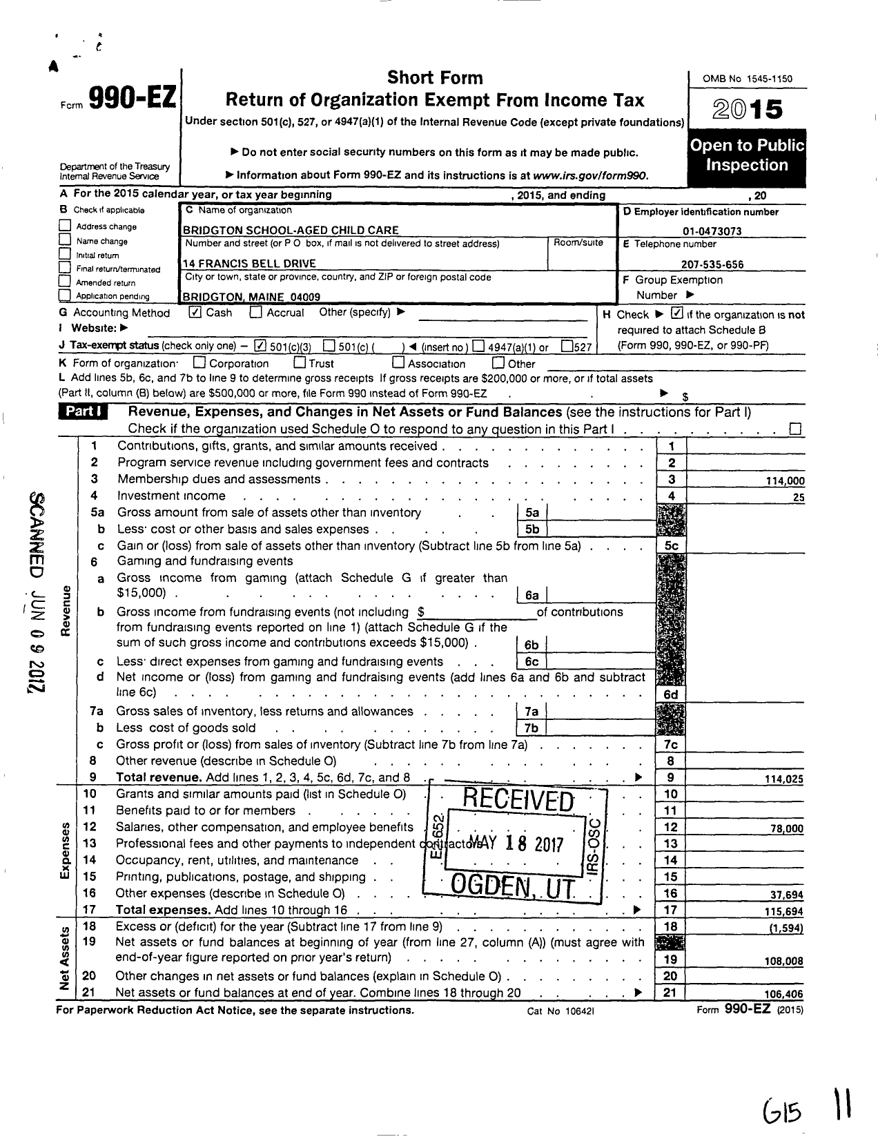 Image of first page of 2015 Form 990EZ for Bridgton and Waterford School Aged Child Care Association