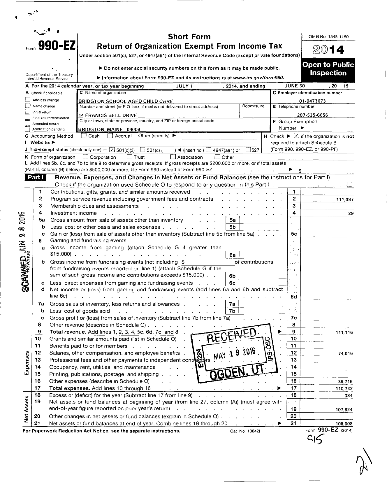 Image of first page of 2014 Form 990EZ for Bridgton and Waterford School Aged Child Care Association