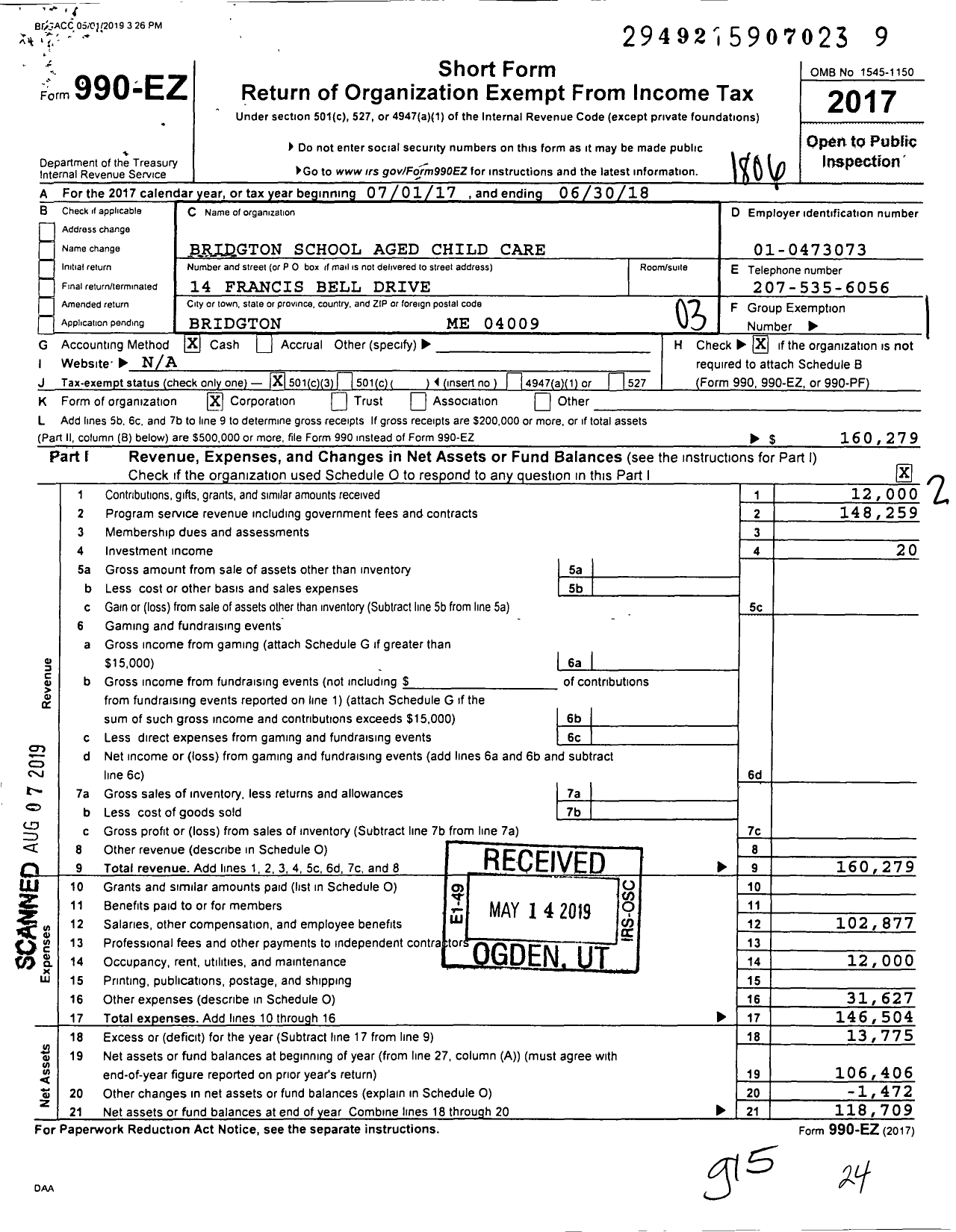 Image of first page of 2017 Form 990EZ for Bridgton and Waterford School Aged Child Care Association