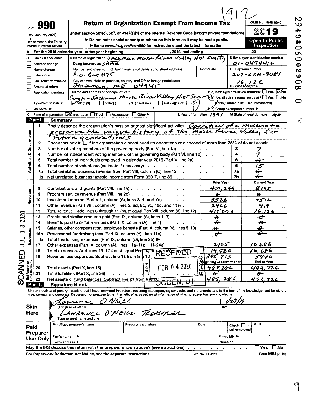 Image of first page of 2019 Form 990 for Jackman Moose River Historical Society