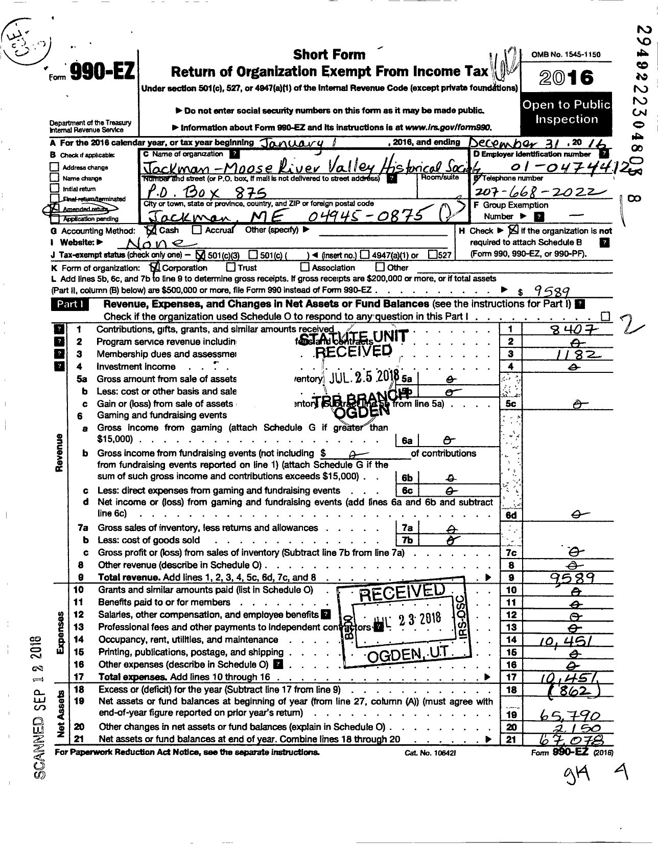 Image of first page of 2016 Form 990EZ for Jackman Moose River Historical Society