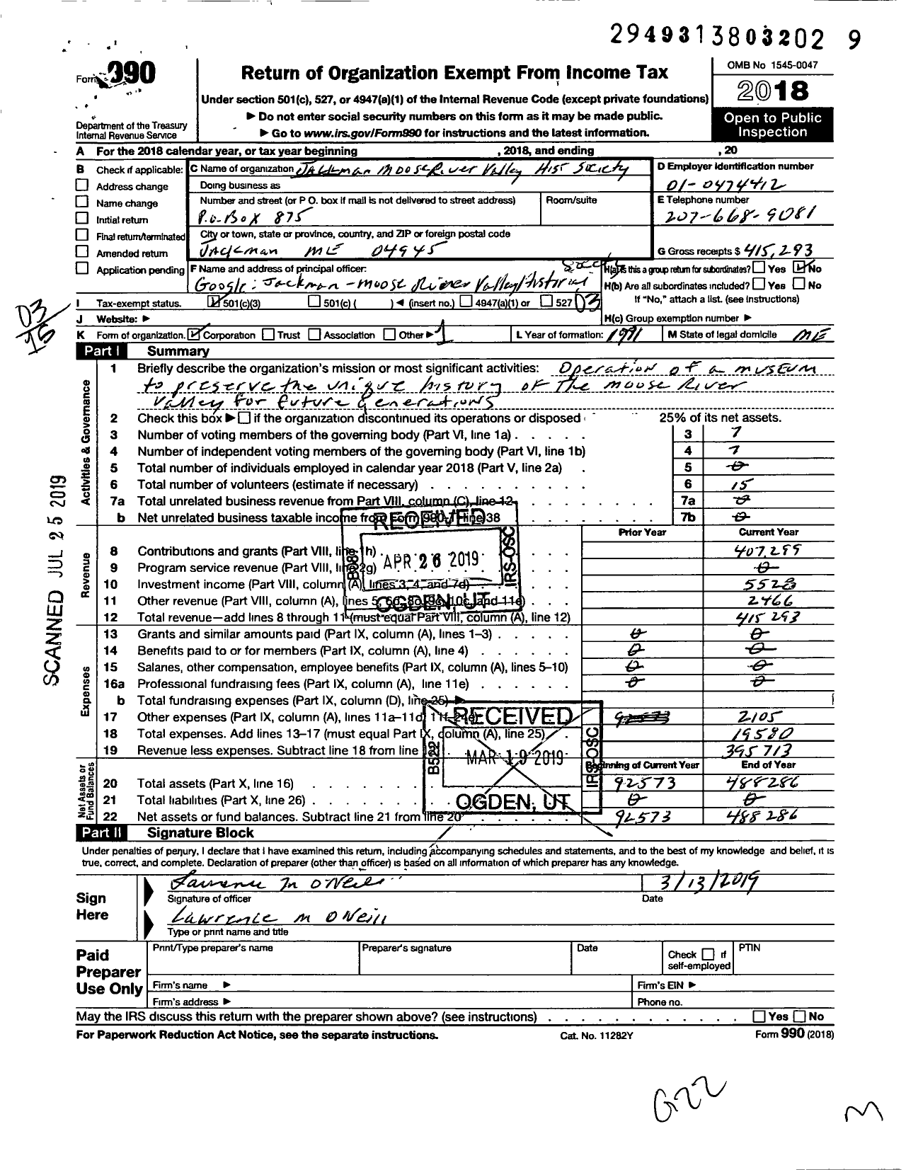 Image of first page of 2018 Form 990 for Jackman Moose River Historical Society