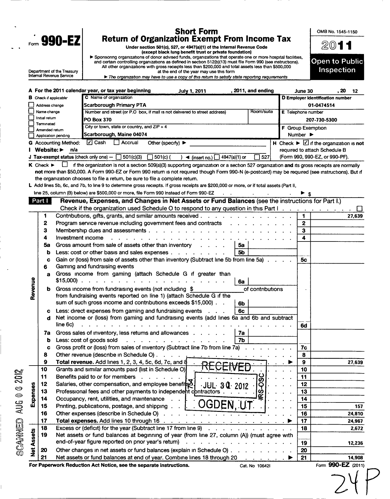 Image of first page of 2011 Form 990EO for Maine Parent Teacher Association / Scarborough Primary PTA