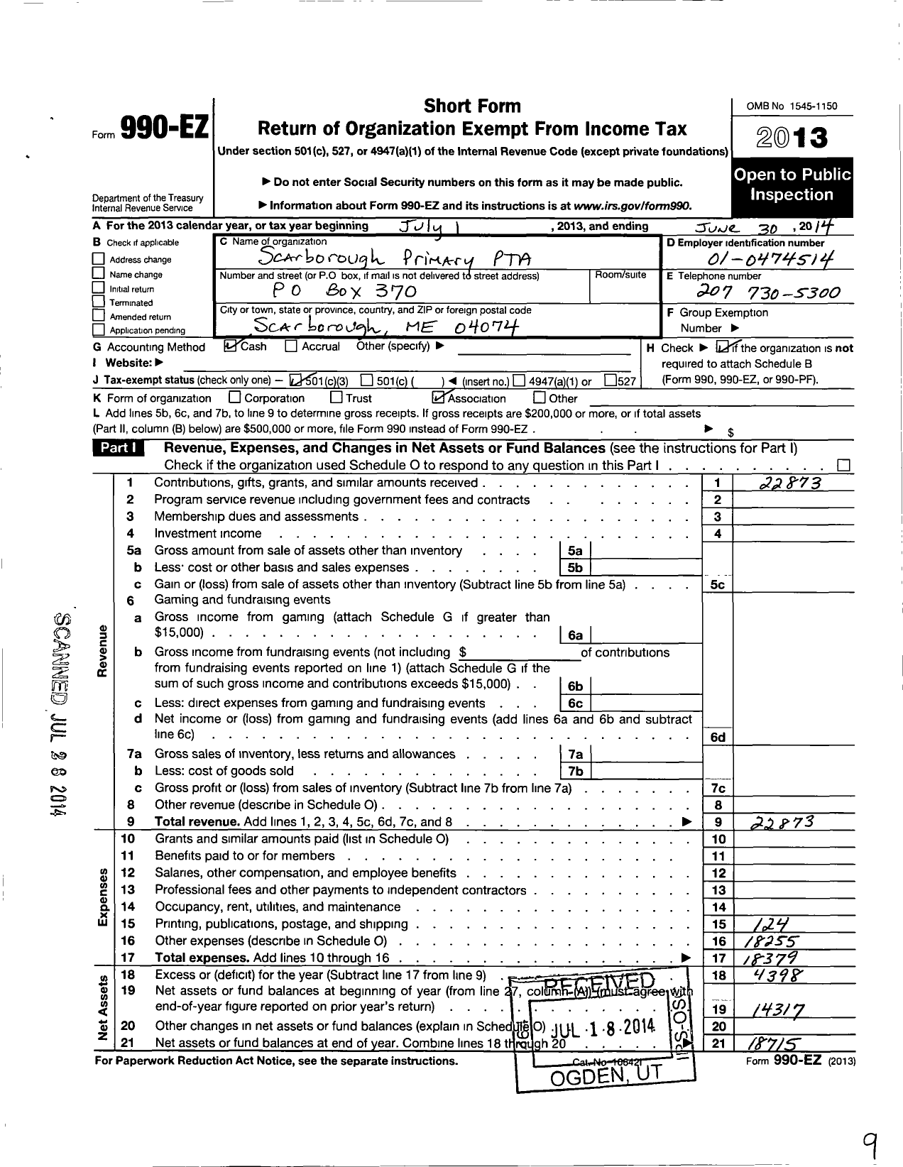 Image of first page of 2013 Form 990EZ for Maine Parent Teacher Association / Scarborough Primary PTA