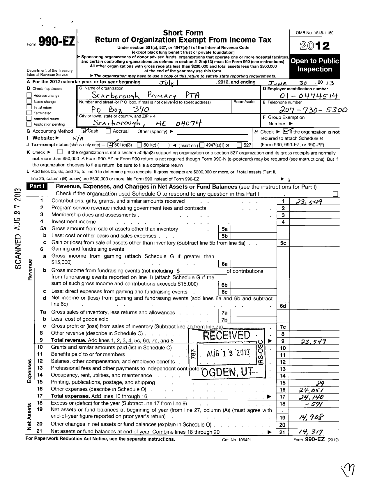 Image of first page of 2012 Form 990EZ for Maine Parent Teacher Association / Scarborough Primary PTA