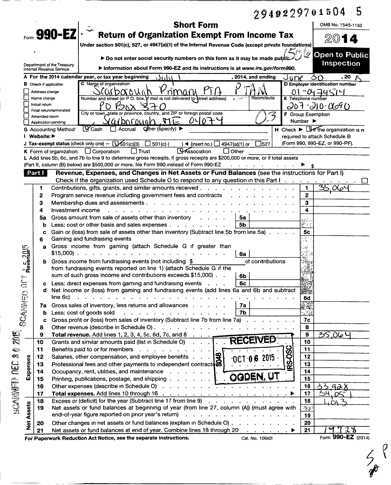 Image of first page of 2014 Form 990EZ for Maine Parent Teacher Association / Scarborough Primary PTA