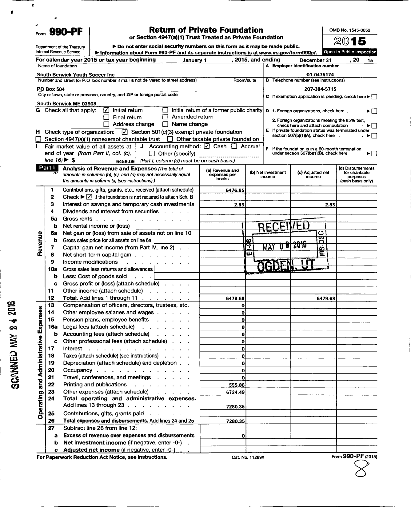 Image of first page of 2015 Form 990PF for South Berwick Youth Soccer