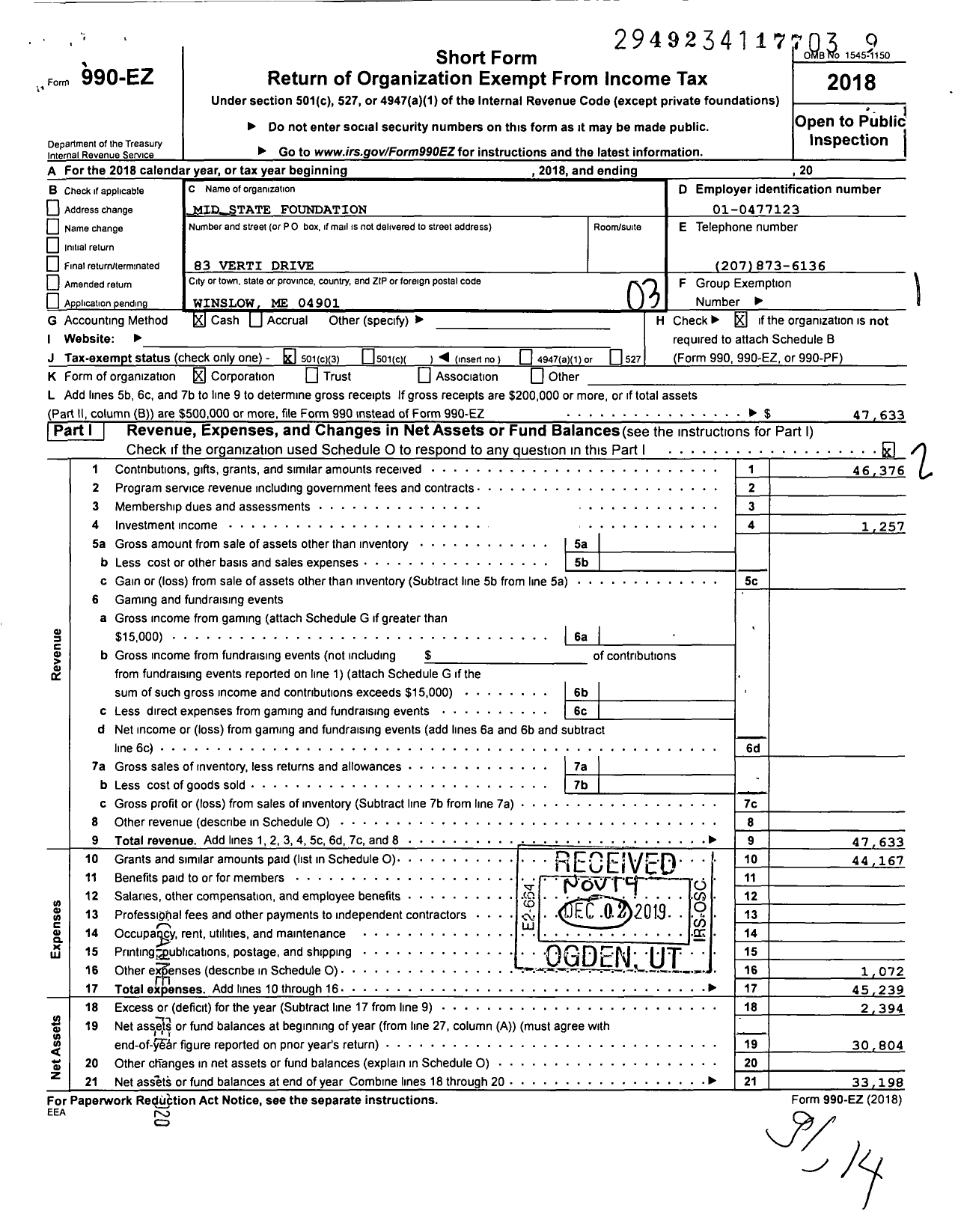 Image of first page of 2018 Form 990EZ for Mid-State Foundation