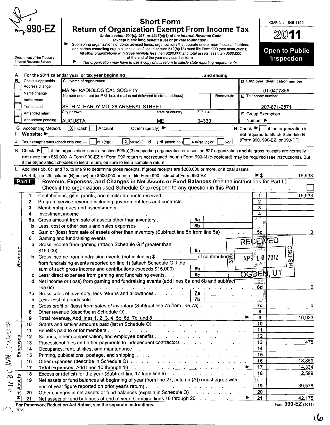 Image of first page of 2011 Form 990EO for Maine Radiological Society