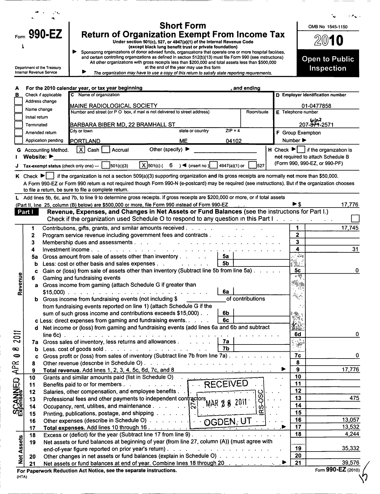 Image of first page of 2010 Form 990EO for Maine Radiological Society