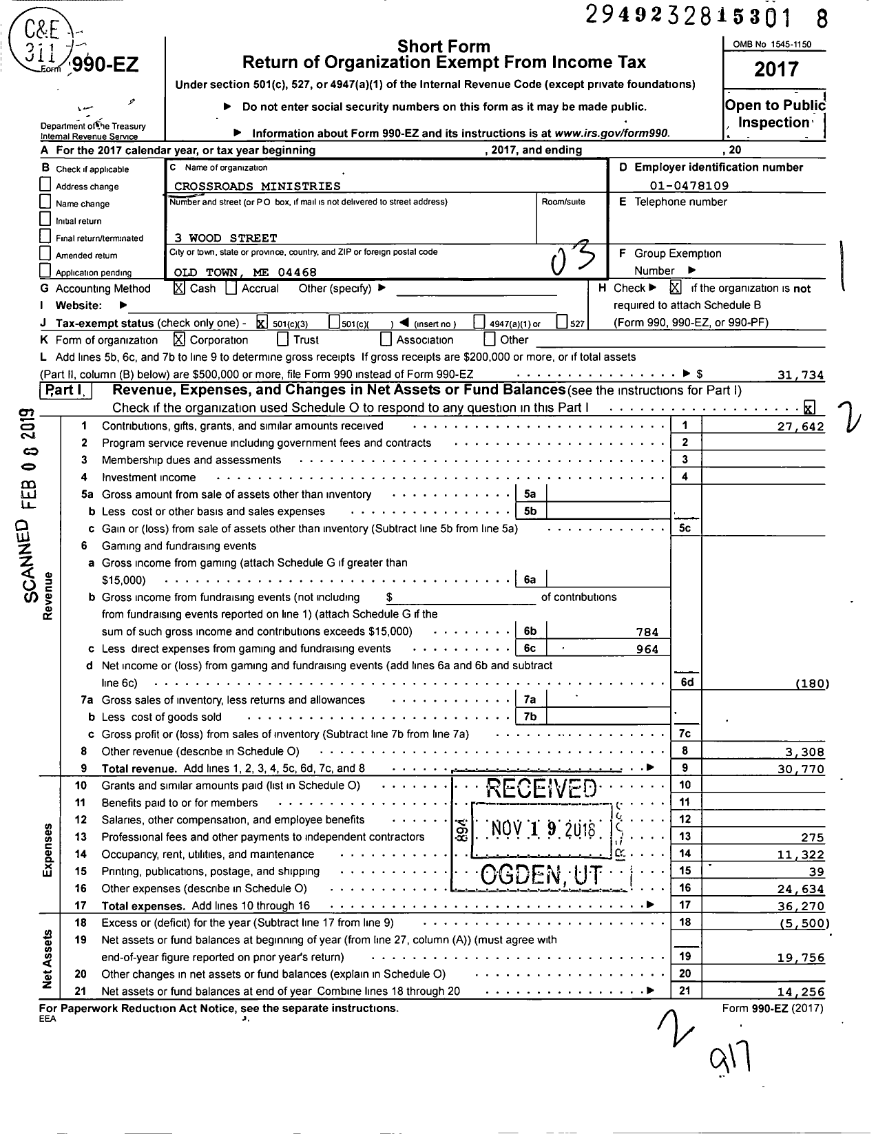 Image of first page of 2017 Form 990EZ for Crossroads Ministries