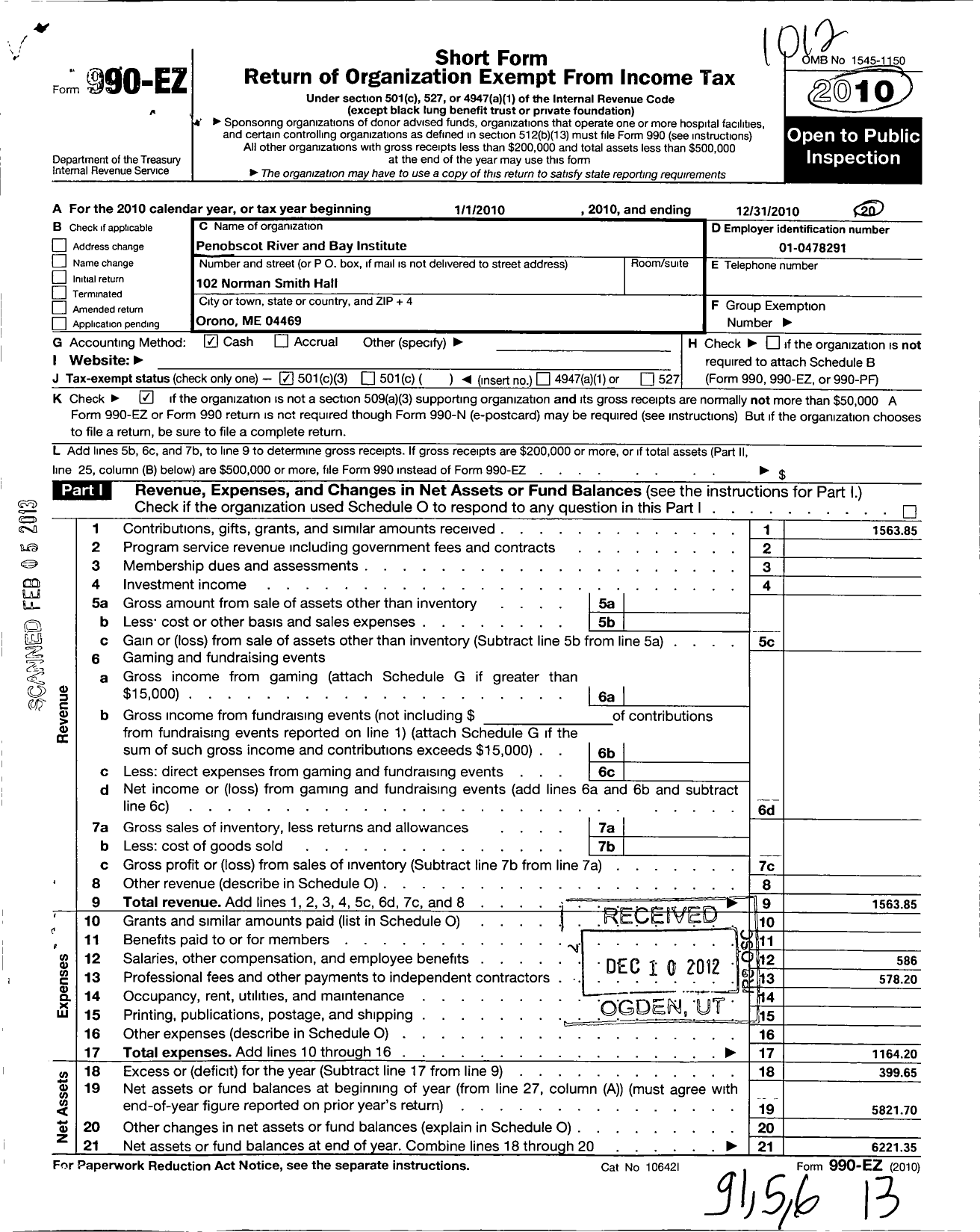 Image of first page of 2010 Form 990EZ for Penobscot River and Bay Institute