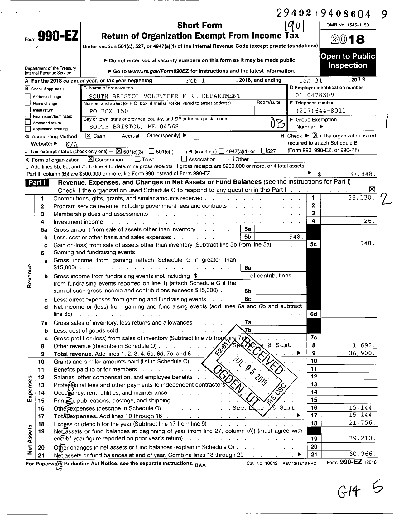 Image of first page of 2018 Form 990EZ for South Bristol Volunteer Fire Department