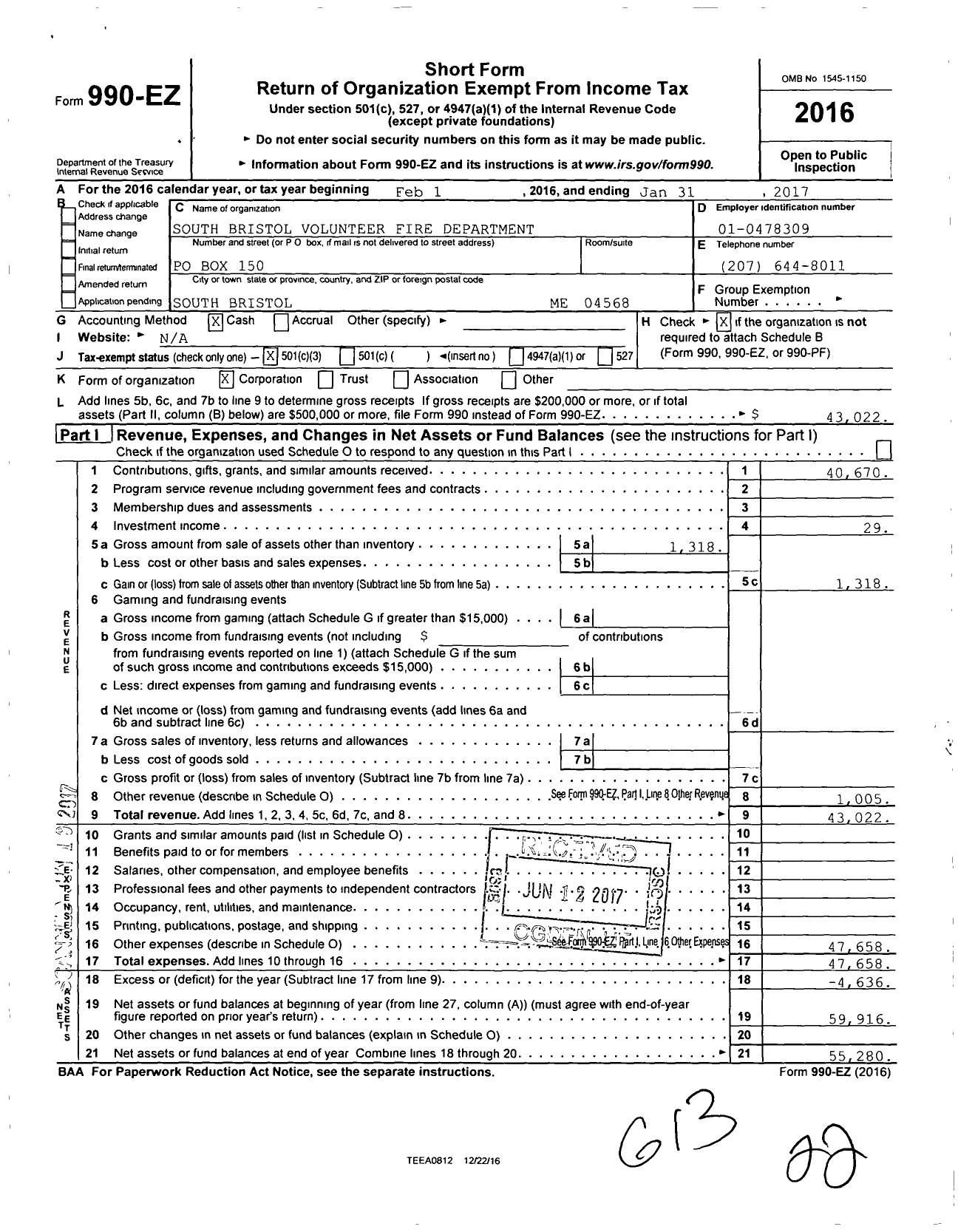 Image of first page of 2016 Form 990EZ for South Bristol Volunteer Fire Department