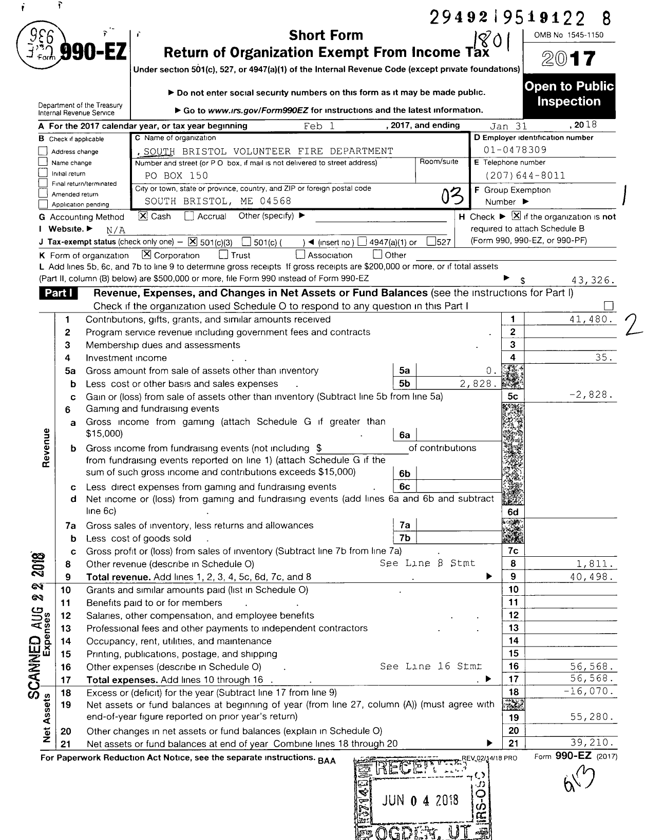 Image of first page of 2017 Form 990EZ for South Bristol Volunteer Fire Department