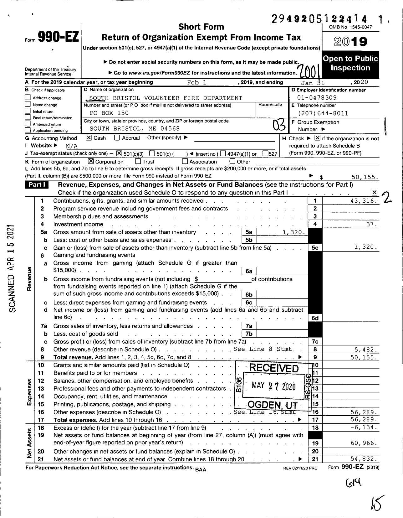 Image of first page of 2019 Form 990EZ for South Bristol Volunteer Fire Department