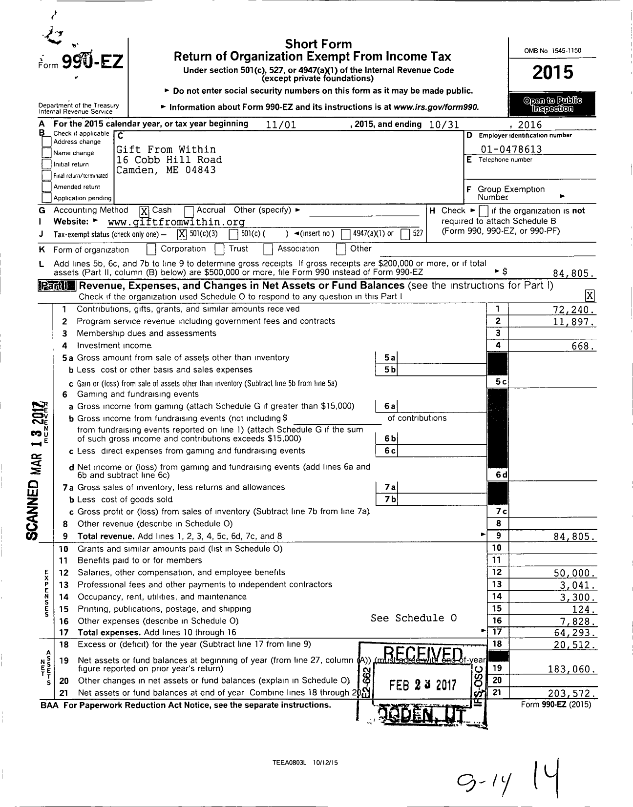 Image of first page of 2015 Form 990EZ for Gift From Within