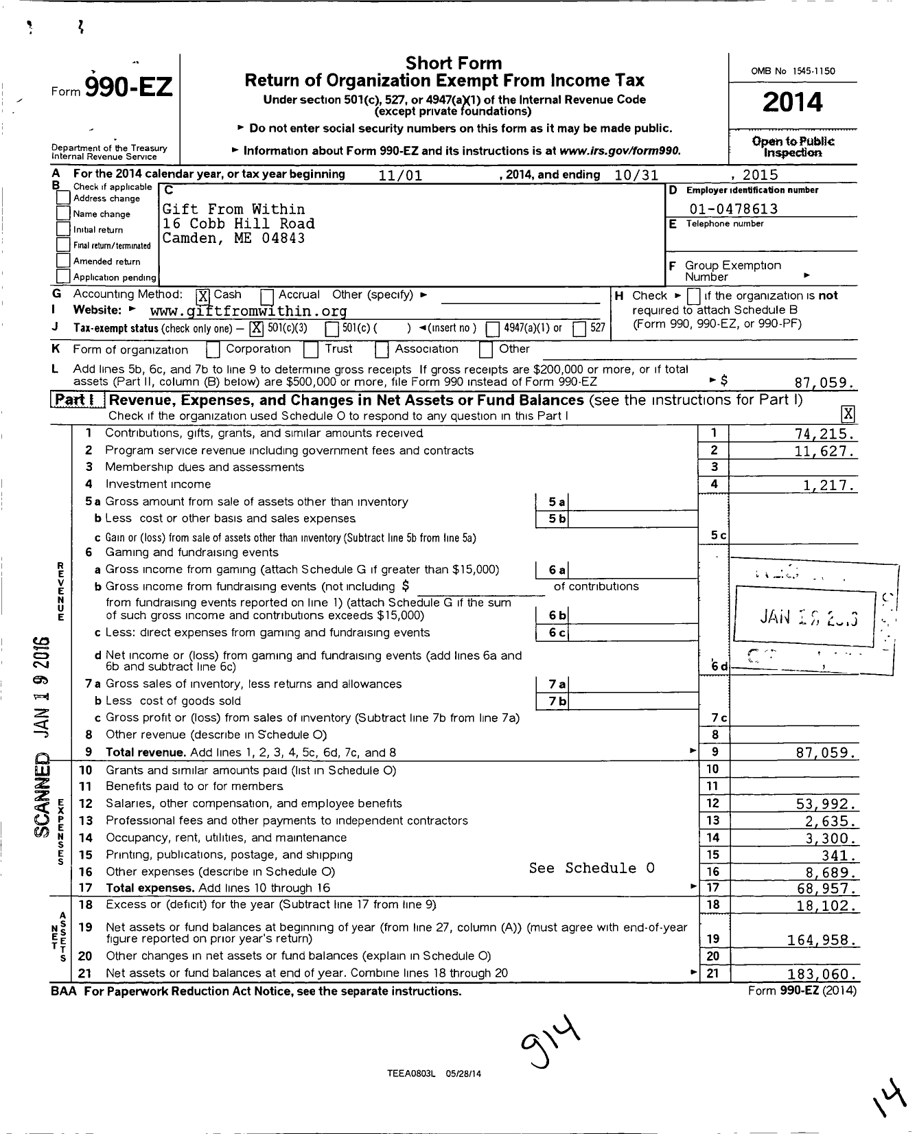 Image of first page of 2014 Form 990EZ for Gift From Within