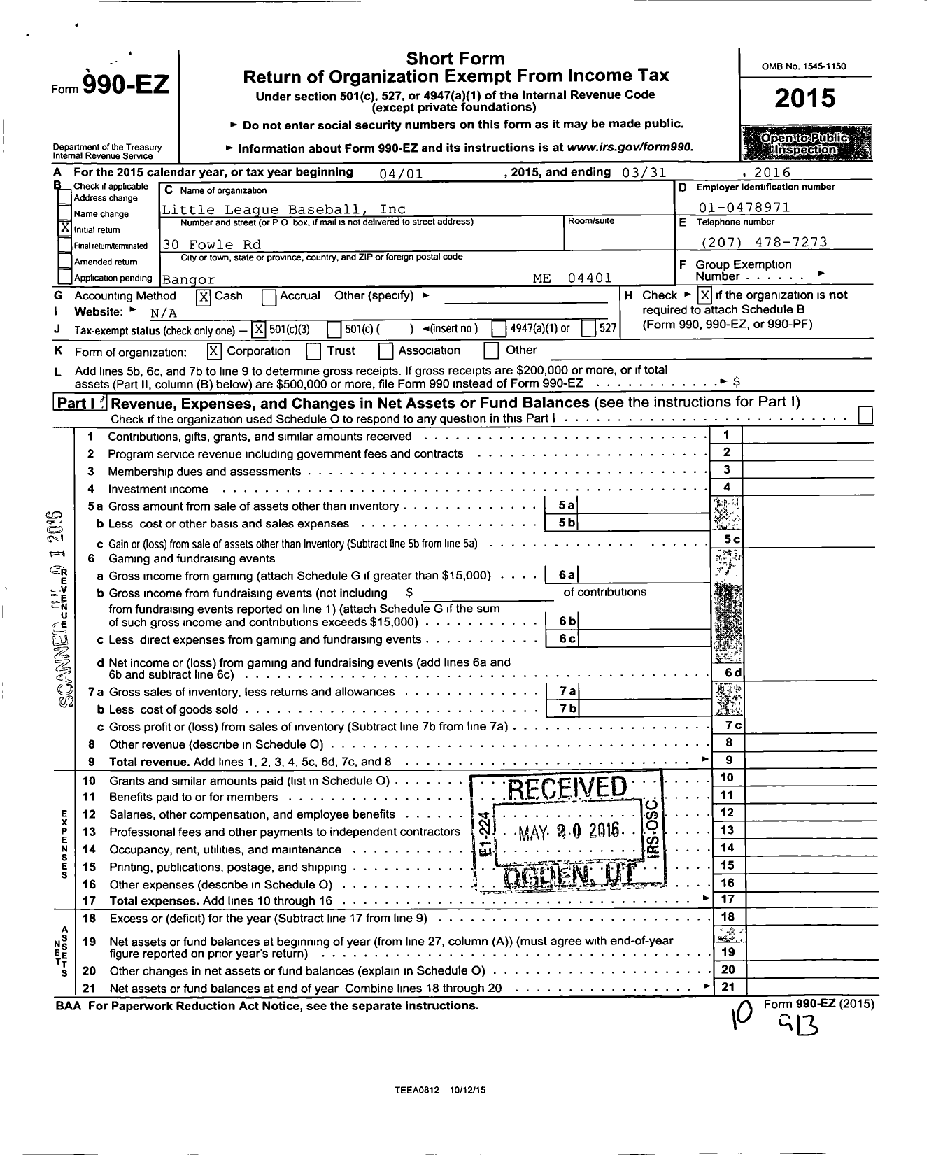 Image of first page of 2015 Form 990EZ for Little League Baseball