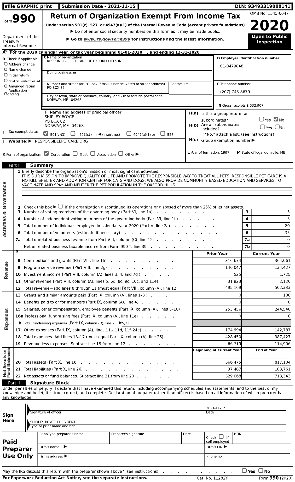 Image of first page of 2020 Form 990 for Responsible Pet Care of Oxford Hills