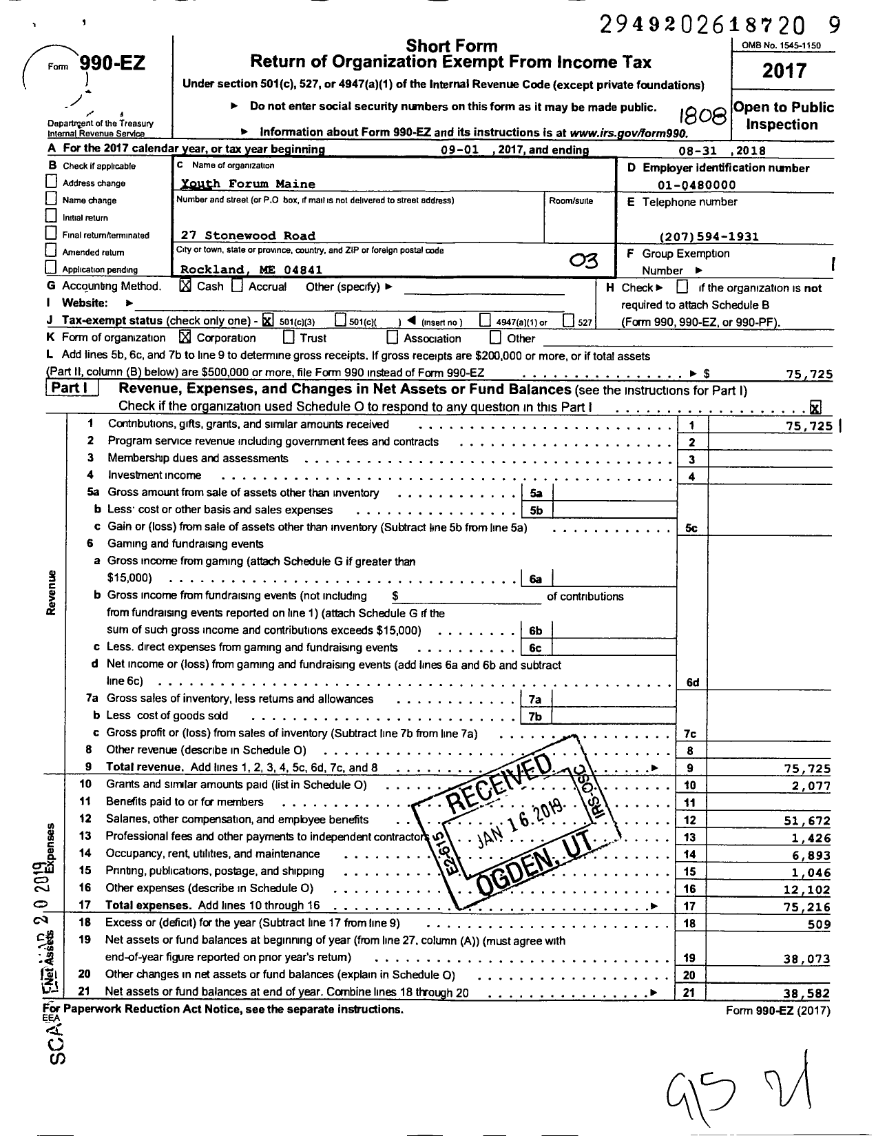 Image of first page of 2017 Form 990EZ for Youth Forum Maine