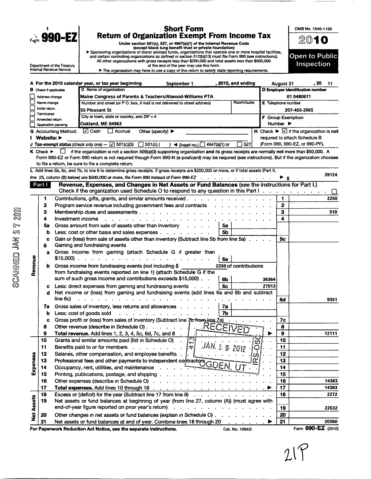 Image of first page of 2010 Form 990EZ for Maine Parent Teacher Association / Atwood Williams PTA