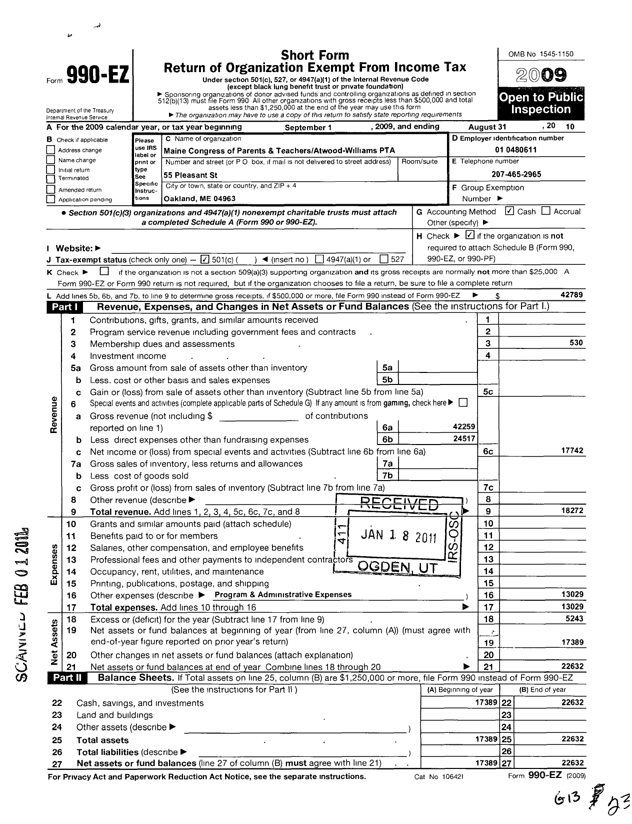 Image of first page of 2009 Form 990EO for Maine Parent Teacher Association / Atwood Williams PTA