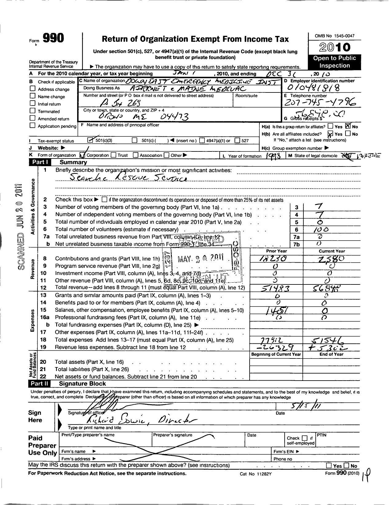 Image of first page of 2010 Form 990 for Down East Emergency Medicine Institute