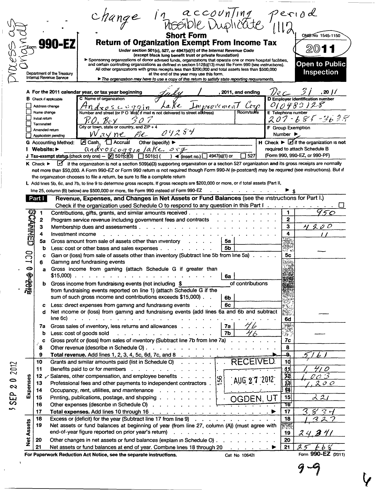 Image of first page of 2011 Form 990EZ for Androscoggin Lake Improvement Corporation