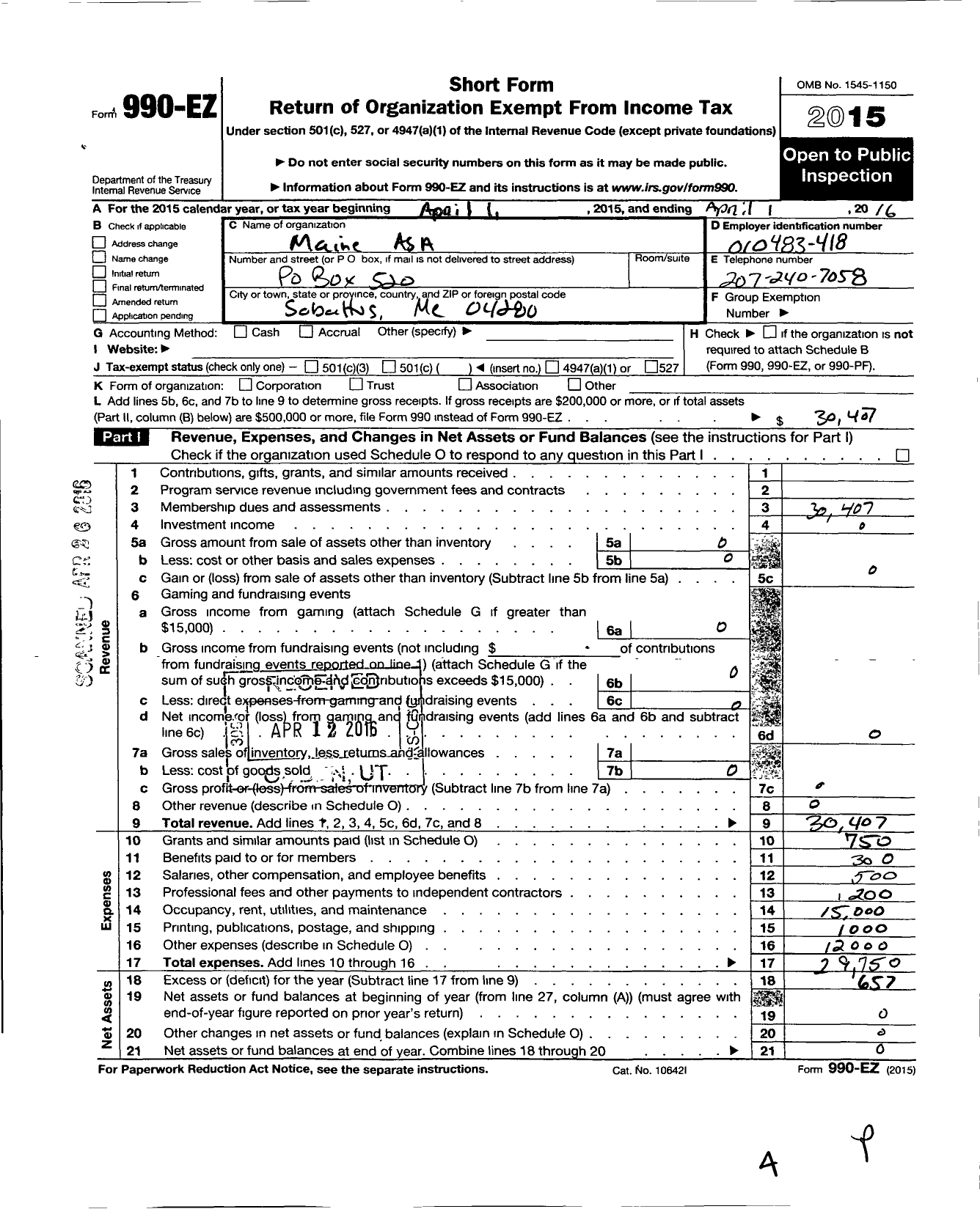 Image of first page of 2015 Form 990EO for Maine Asa