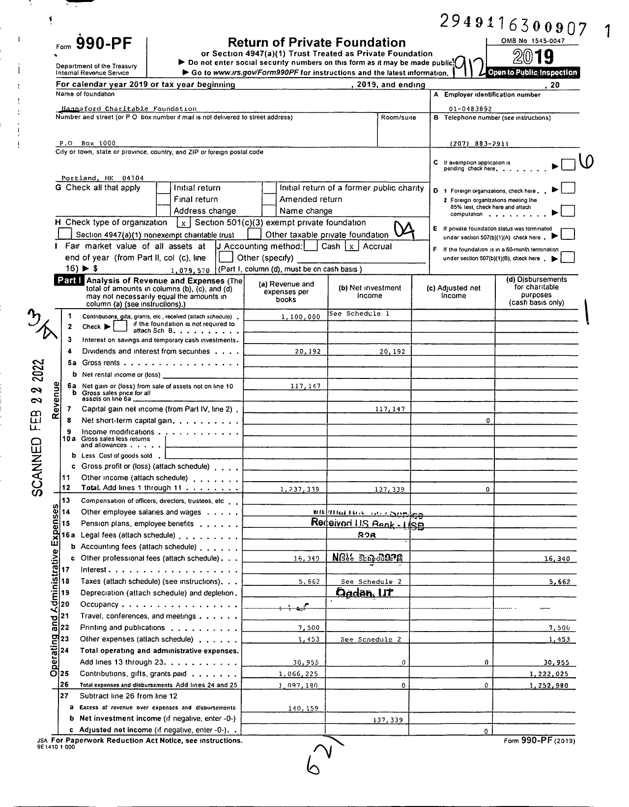 Image of first page of 2019 Form 990PF for Hannaford Charitable Foundation