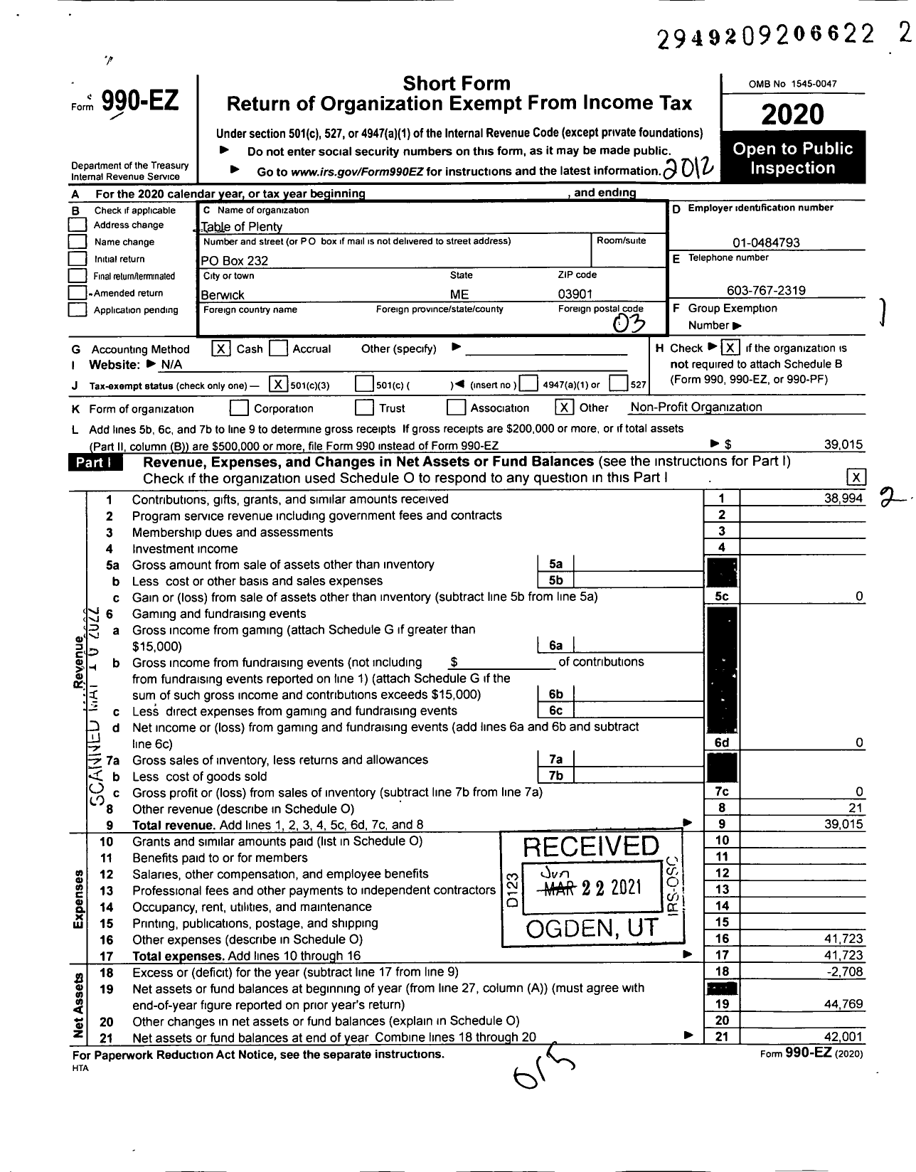 Image of first page of 2020 Form 990EZ for Table of Plenty