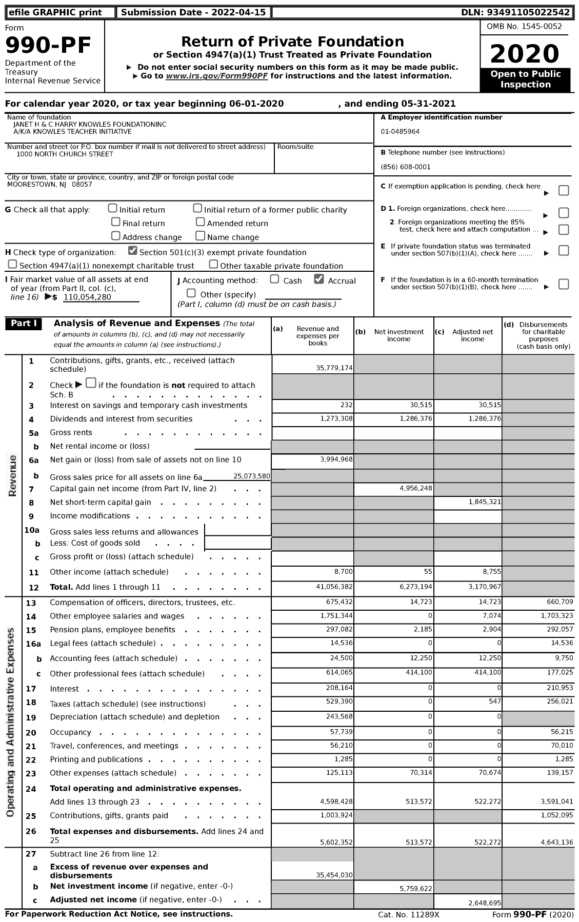 Image of first page of 2020 Form 990PF for Janet H and C Harry Knowles Foundationinc A / K / A Knowles Teacher Initiative