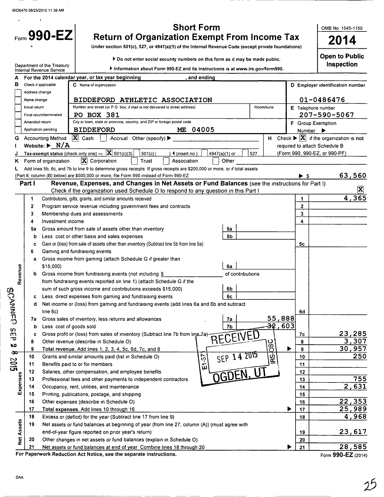 Image of first page of 2014 Form 990EZ for Biddeford Athletic Association